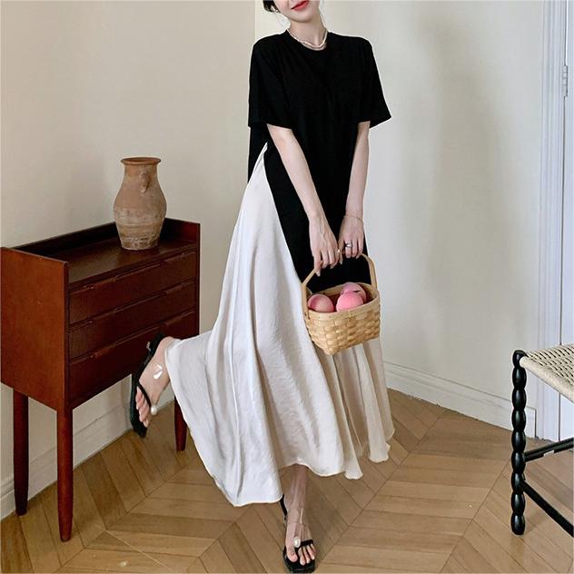 百搭撞色拼接圓領短袖連身裙