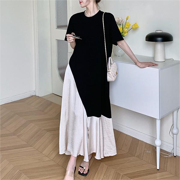 百搭撞色拼接圓領短袖連身裙