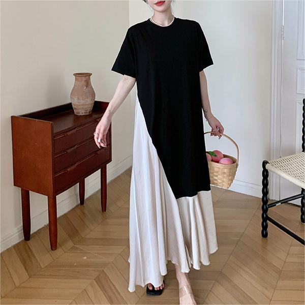 百搭撞色拼接圓領短袖連身裙