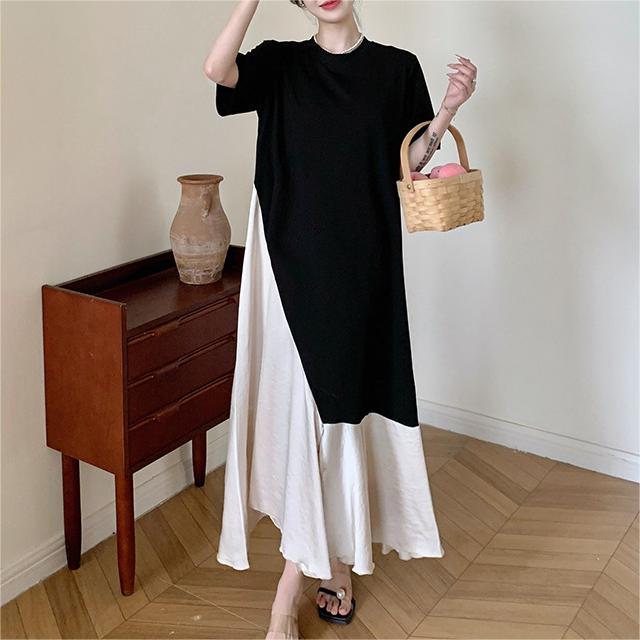 百搭撞色拼接圓領短袖連身裙