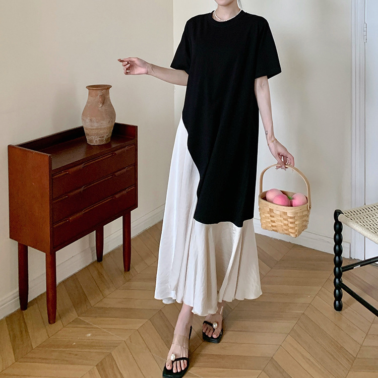 百搭撞色拼接圓領短袖連身裙