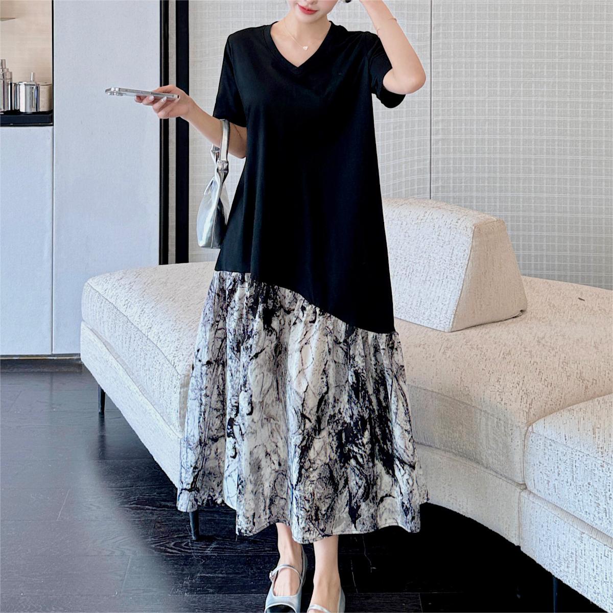 慵懶風拼接V領連身裙