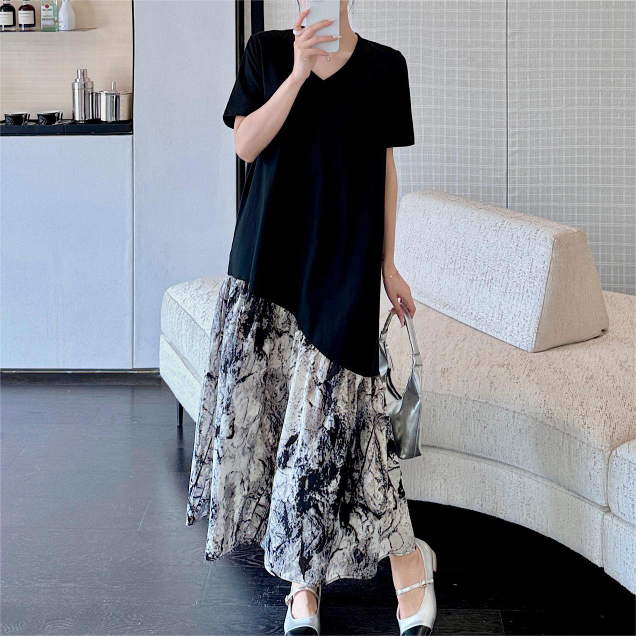 慵懶風拼接V領連身裙