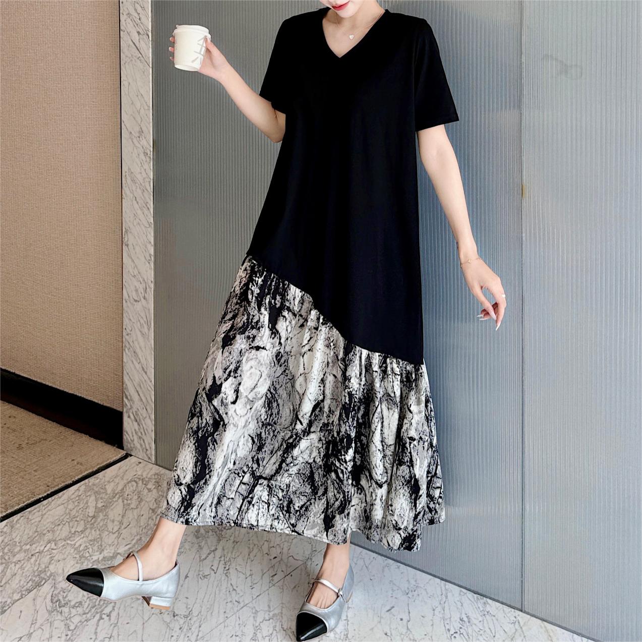 慵懶風拼接V領連身裙