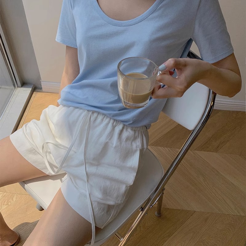 百搭純色抽繩高腰棉麻短褲
