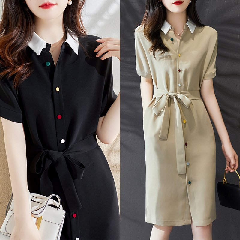 百搭翻領修身A字收腰襯衫洋裝