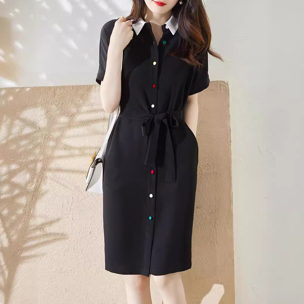 百搭翻領修身A字收腰襯衫洋裝