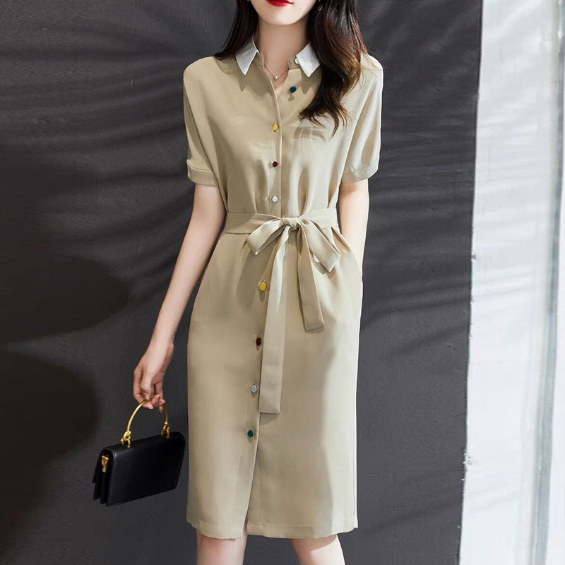 百搭翻領修身A字收腰襯衫洋裝