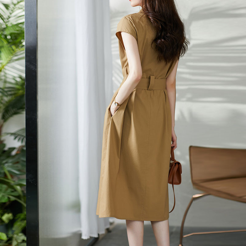 韓版純色收腰襯衫洋裝