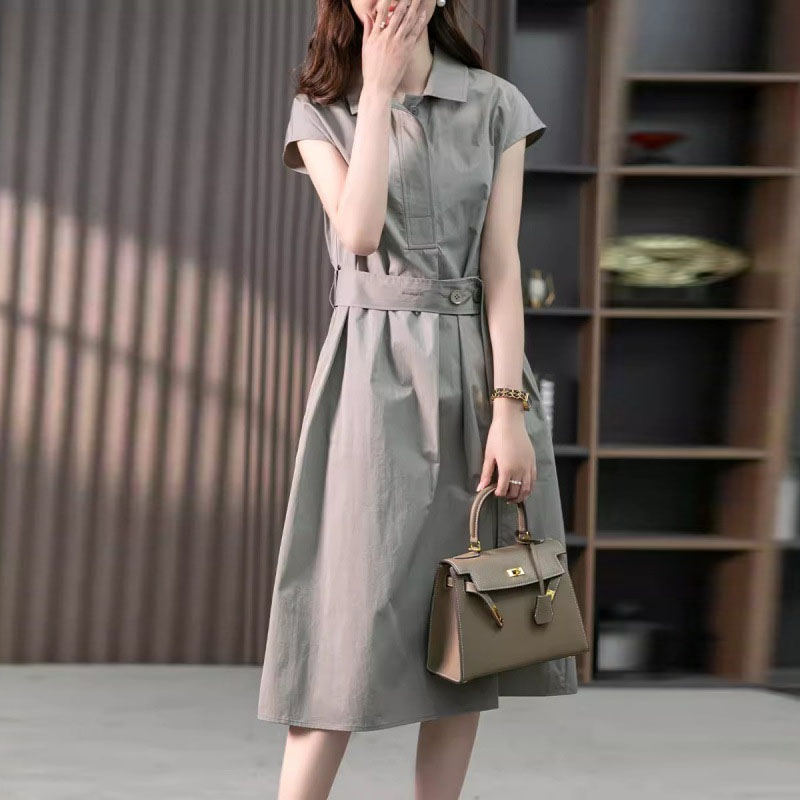 韓版純色收腰襯衫洋裝