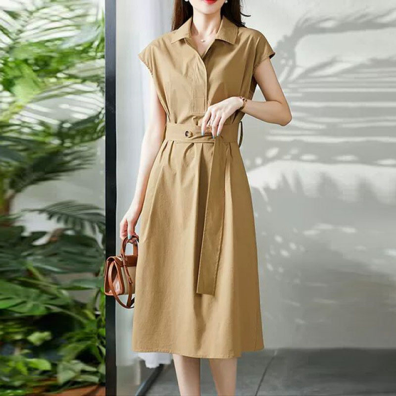 韓版純色收腰襯衫洋裝