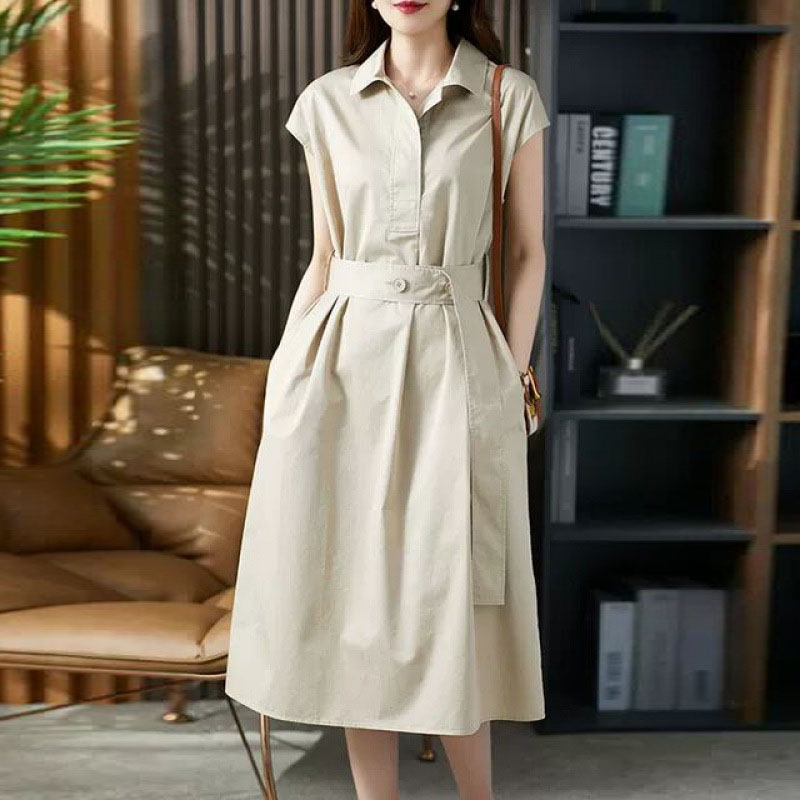 韓版純色收腰襯衫洋裝