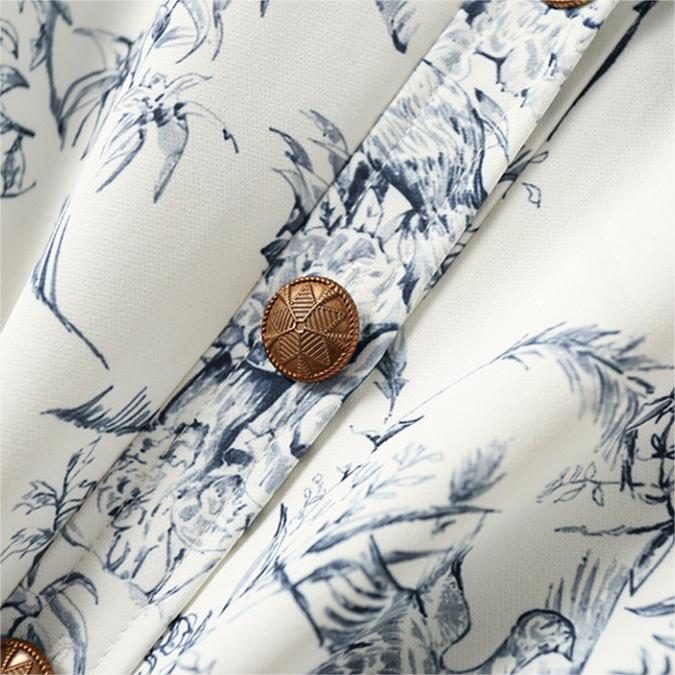 氣質花鳥印花翻領半開襟中長洋裝