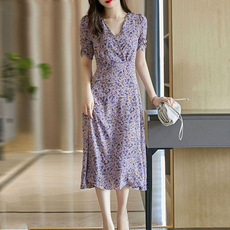 法式碎花顯瘦V領連身裙