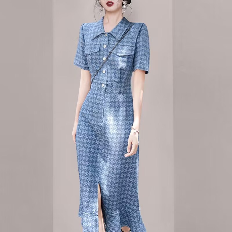 小香風格紋開叉洋裝