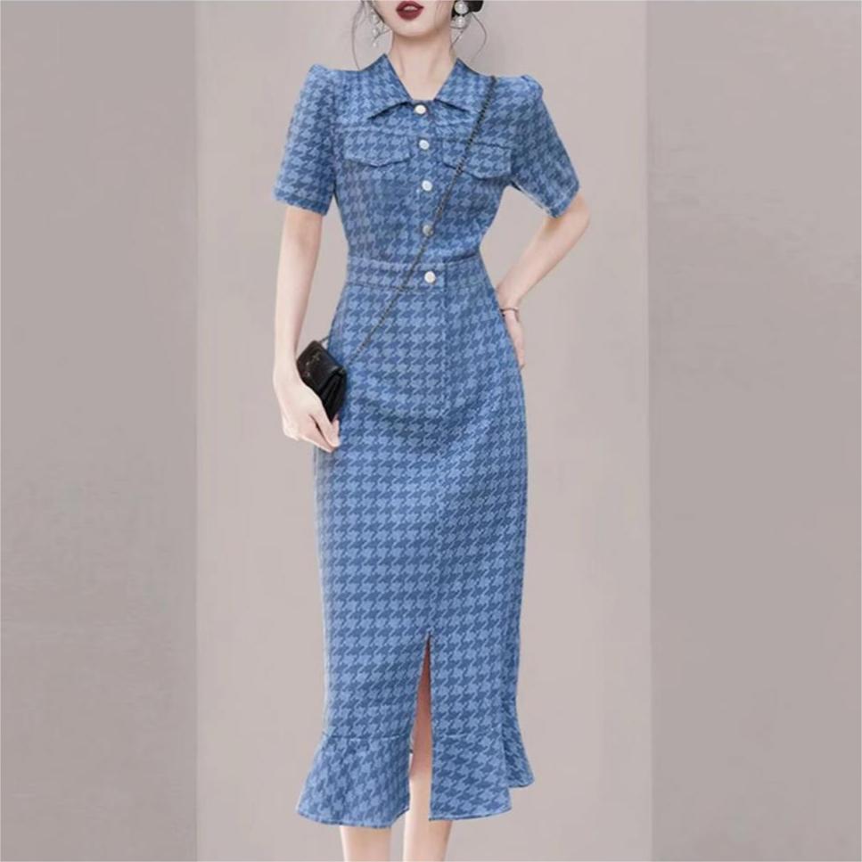 小香風格紋開叉洋裝