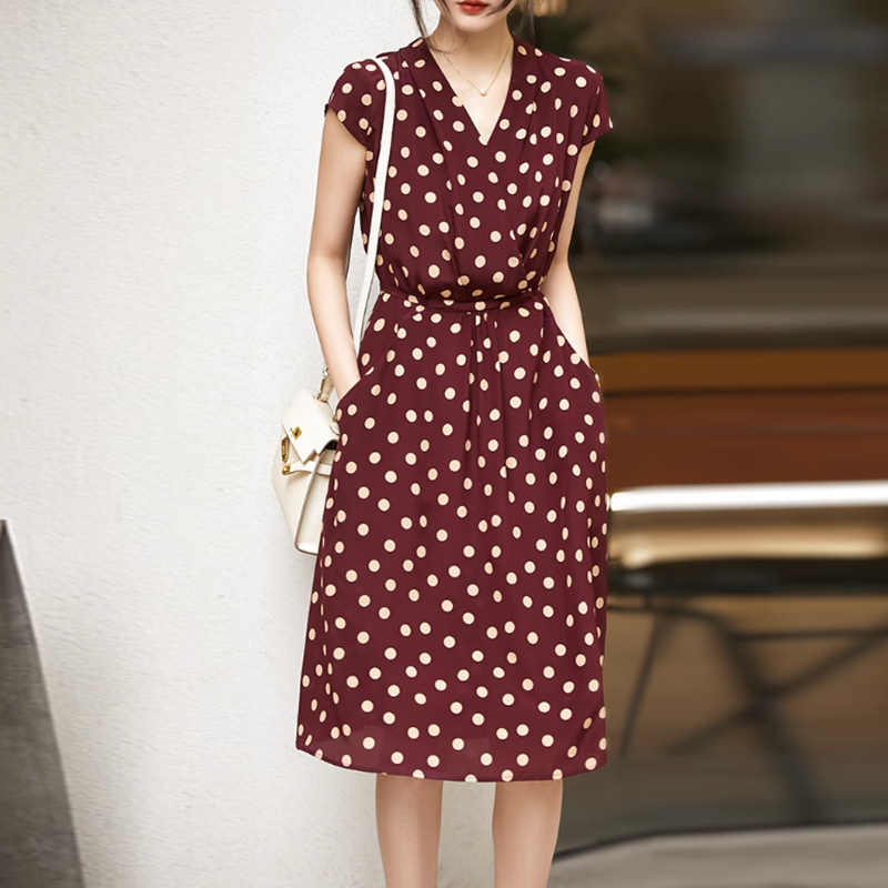 赫本風波點V領茶歇連身裙