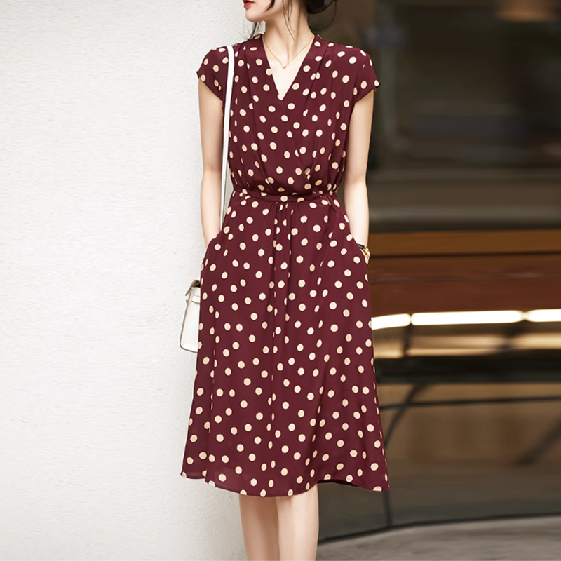 赫本風波點V領茶歇連身裙