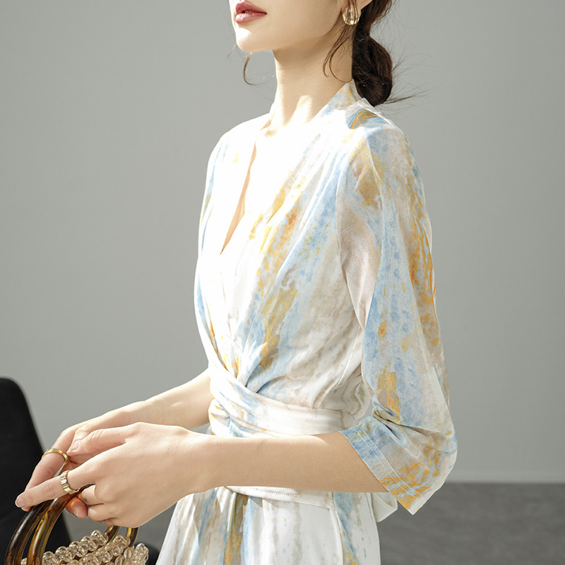 氣質水墨畫印花綁帶V領連身裙