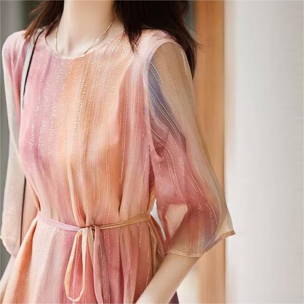 甜美漸層暈染不規則下擺繫帶連身裙