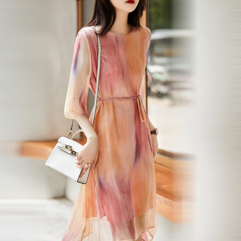 甜美漸層暈染不規則下擺繫帶連身裙