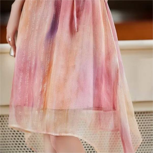 甜美漸層暈染不規則下擺繫帶連身裙