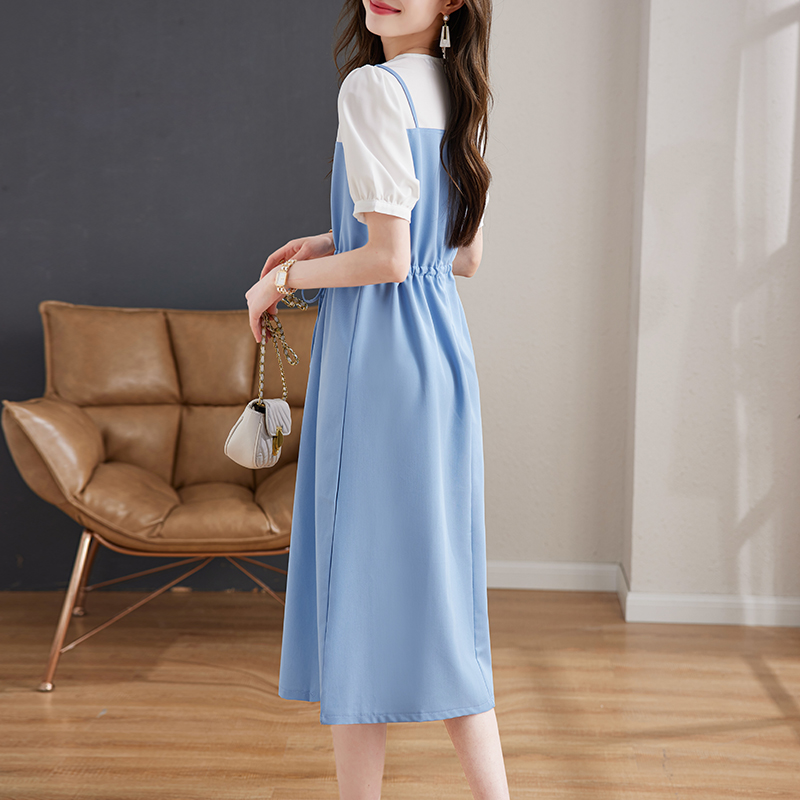 休閒圓領拼色短袖連身裙