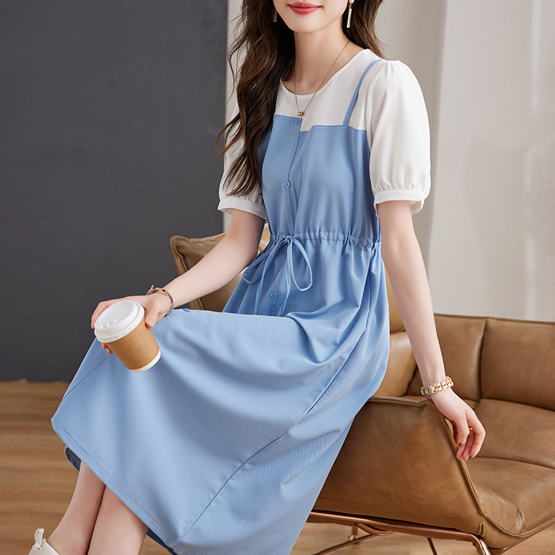 休閒圓領拼色短袖連身裙
