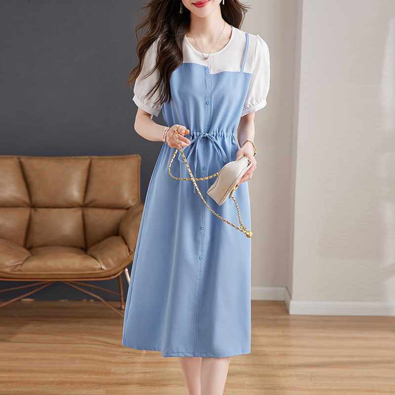 休閒圓領拼色短袖連身裙