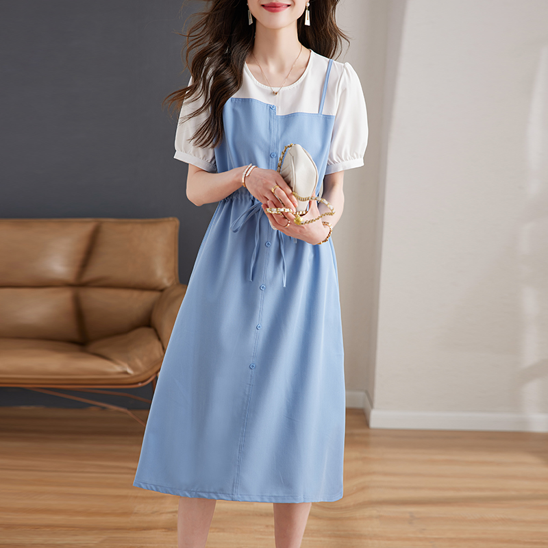 休閒圓領拼色短袖連身裙