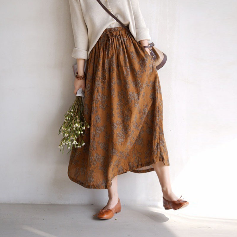 文藝復古棉麻碎花鬆緊腰半身裙