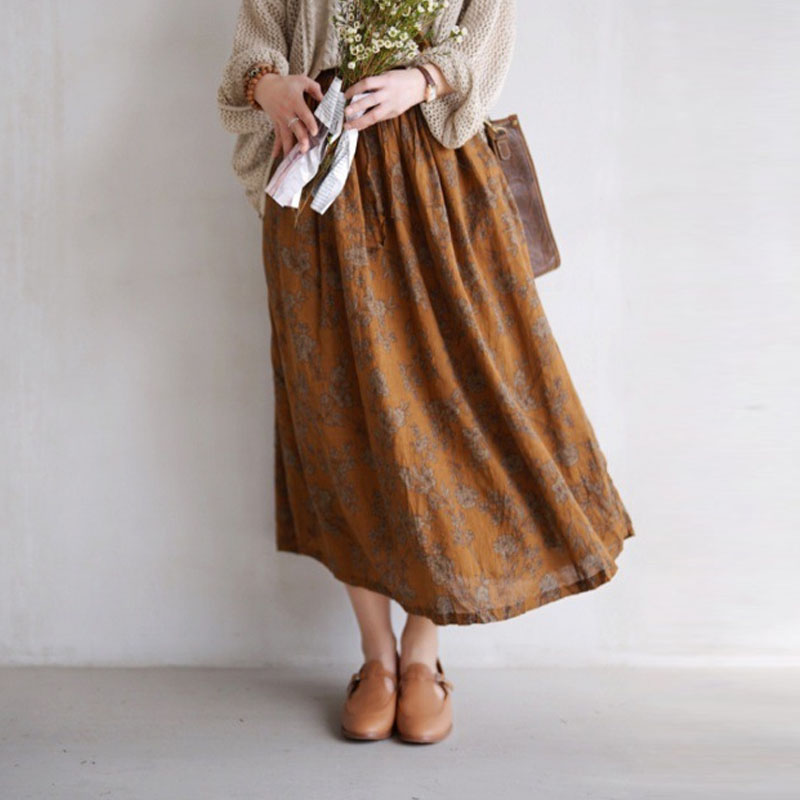 文藝復古棉麻碎花鬆緊腰半身裙