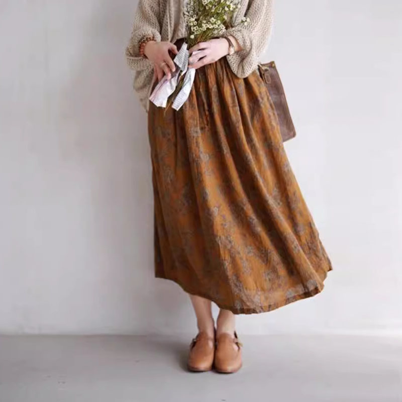 文藝復古棉麻碎花鬆緊腰半身裙