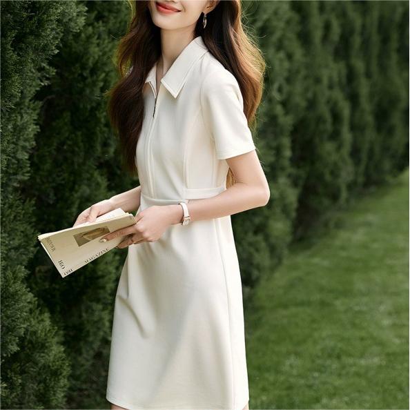 時尚純色襯衫領可調式收腰連身裙