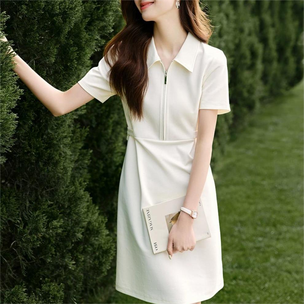 時尚純色襯衫領可調式收腰連身裙