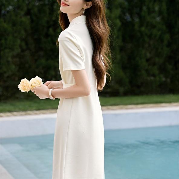 時尚純色襯衫領可調式收腰連身裙