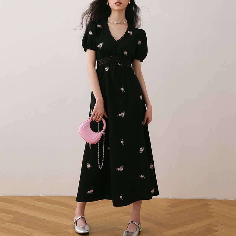 法式泡泡袖收腰V領短袖連身裙