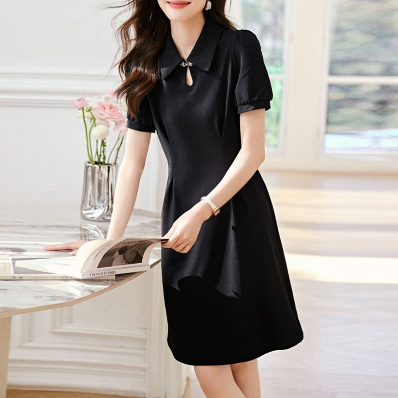 氣質泡泡袖POLO領收腰連身裙