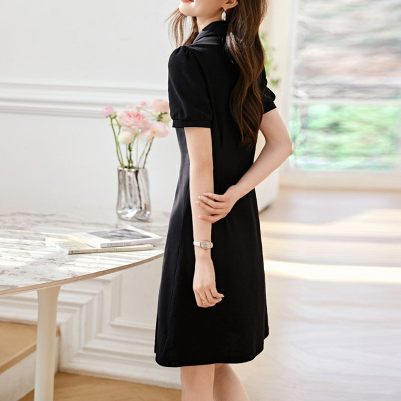 氣質泡泡袖POLO領收腰連身裙