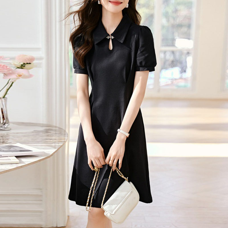 氣質泡泡袖POLO領收腰連身裙