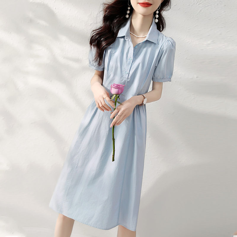 簡約純色收腰襯衫連身裙