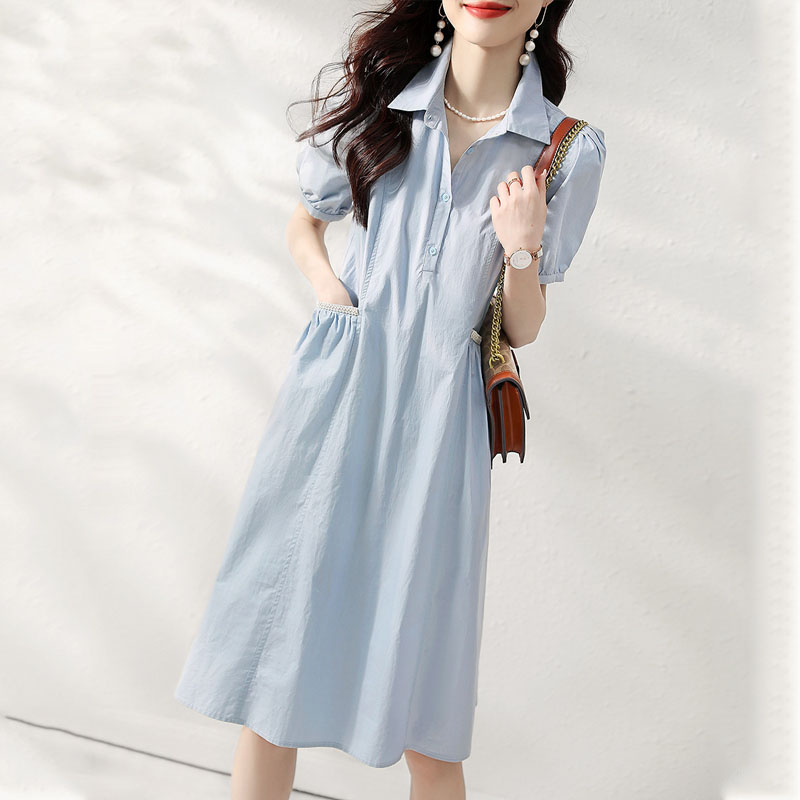 簡約純色收腰襯衫連身裙