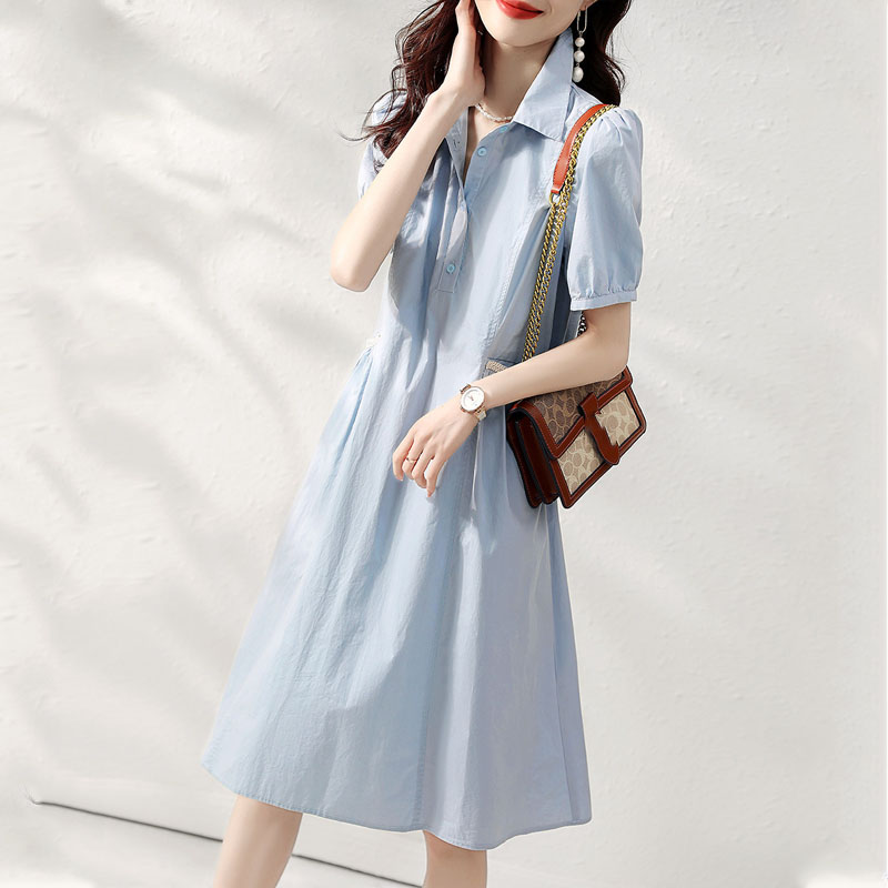 簡約純色收腰襯衫連身裙