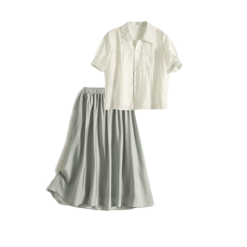 氣質純色襯衫半身裙兩件套【不含腰帶，絲巾】