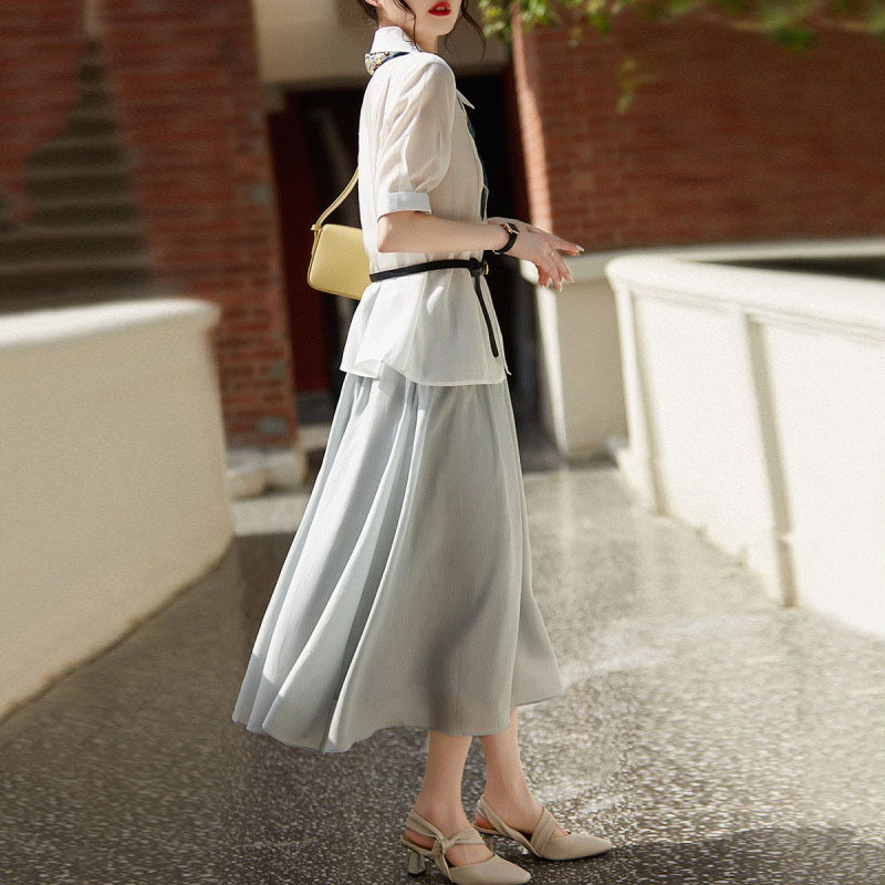 氣質純色襯衫半身裙兩件套【不含腰帶，絲巾】