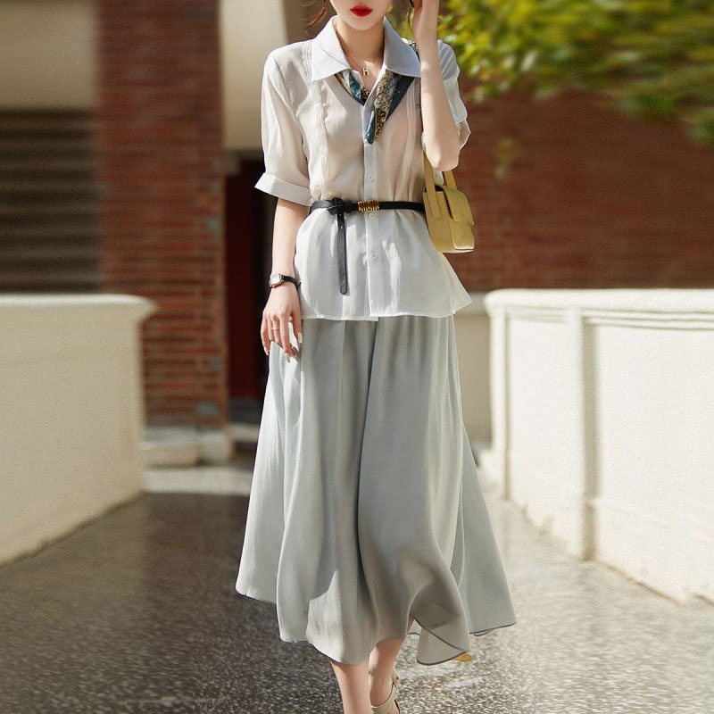 氣質純色襯衫半身裙兩件套【不含腰帶，絲巾】