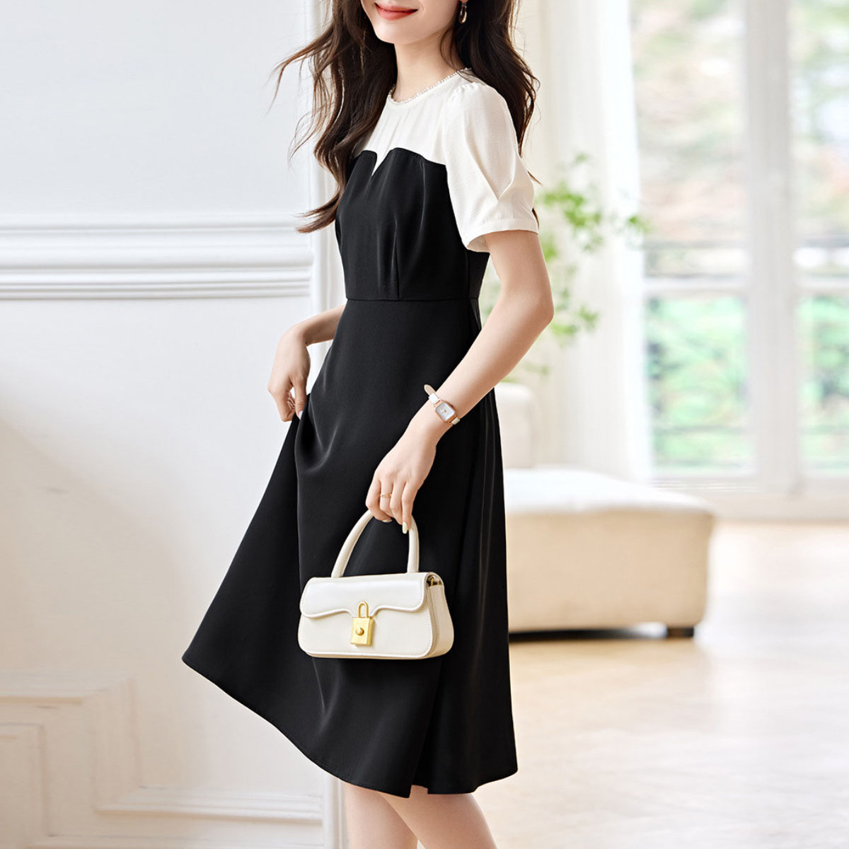 法式撞色泡泡袖收腰連身裙