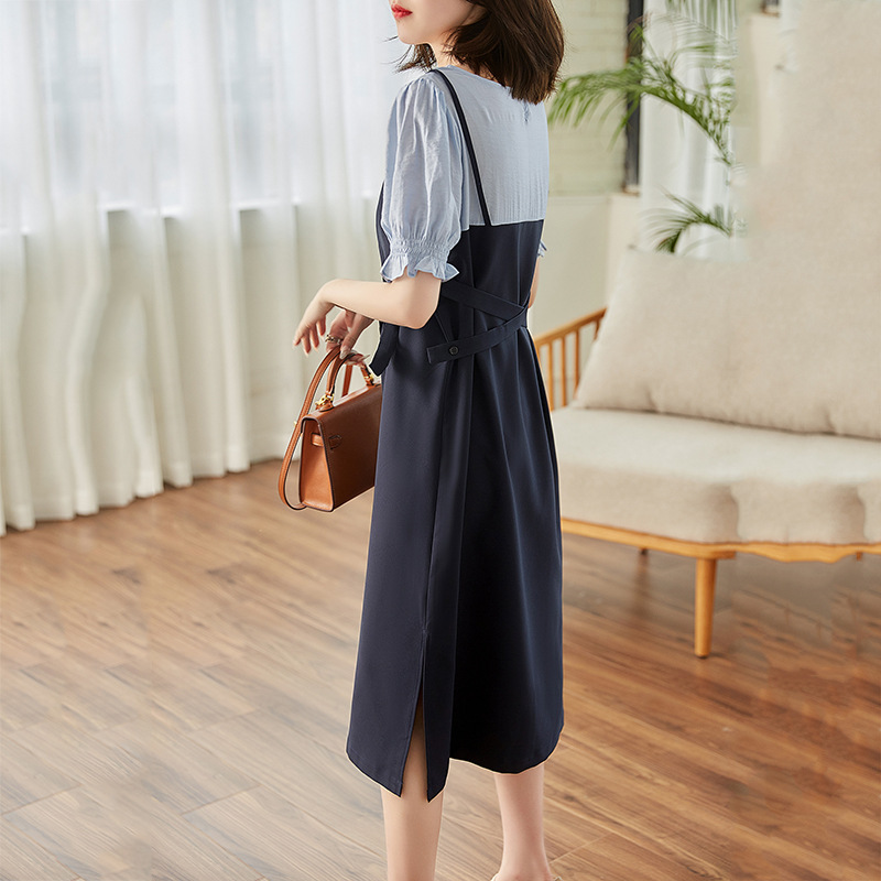 休閑拼接假兩件吊帶連身裙