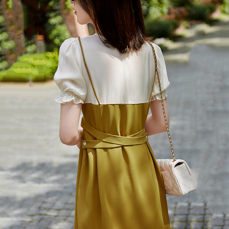 休閑拼接假兩件吊帶連身裙