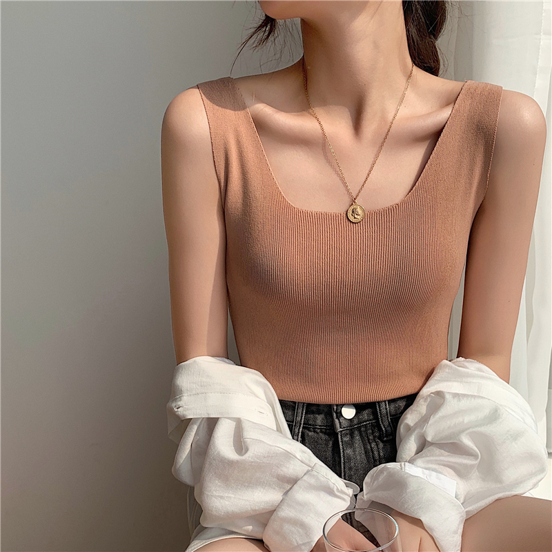 設計感純色無袖外穿針織小吊帶